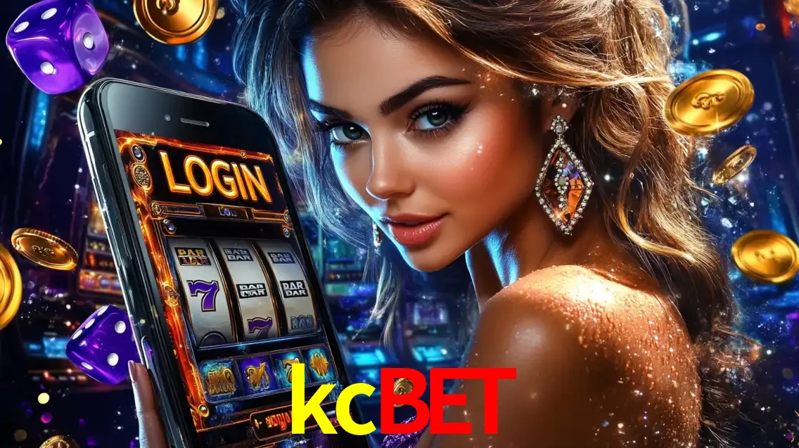 Mulher glamorosa segurando um smartphone com a tela de login para os jogos de caça-níqueis do cassino online kcbet, com moedas de ouro e dados ao redor.