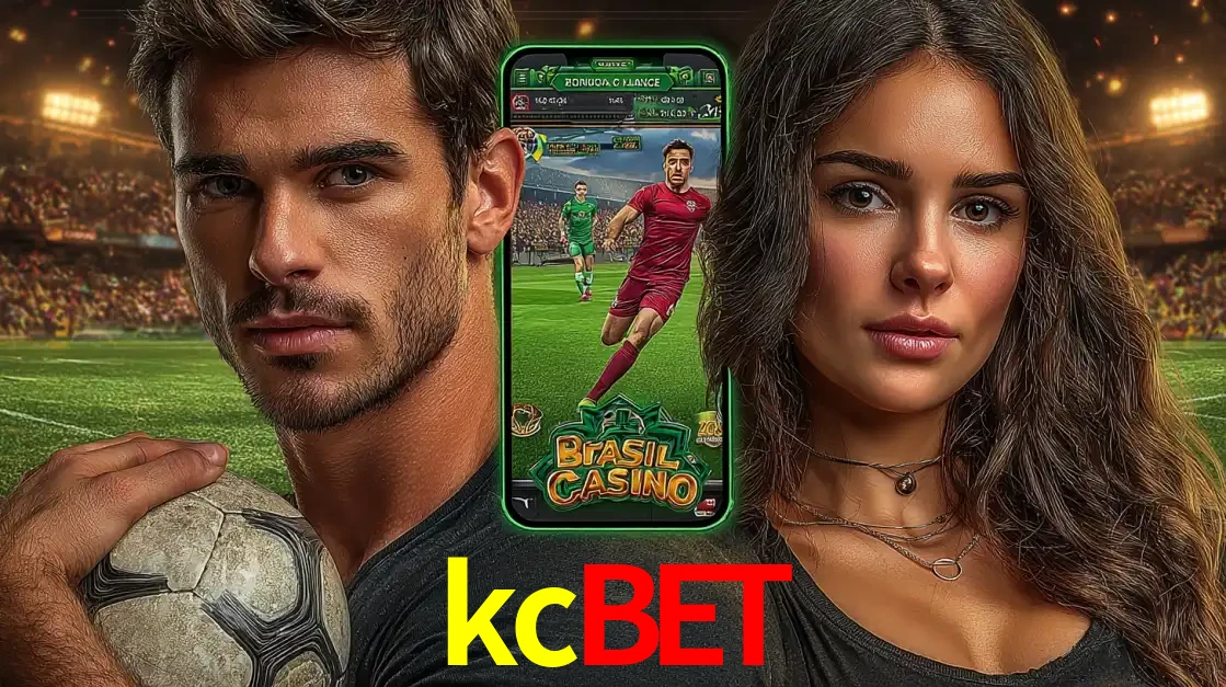 Homem segurando uma bola de futebol e uma mulher ao lado de um smartphone exibindo o jogo de apostas esportivas da kcbet. Faça seu palpite no cassino online.